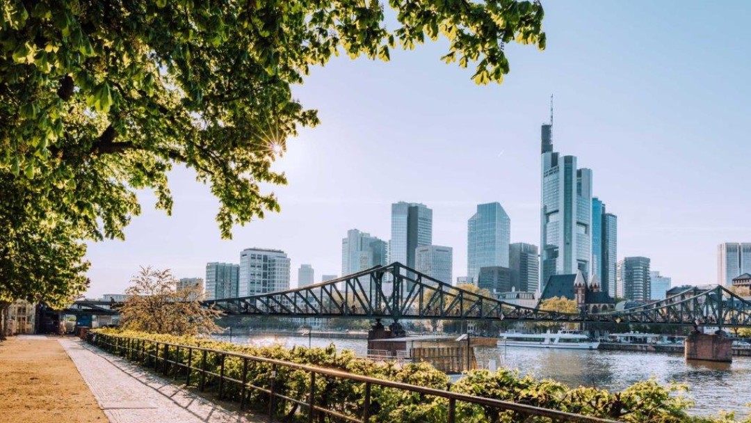 Skyline of Frankfurt with bridge over the Main river