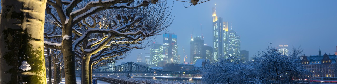 Frankfurter Skyline, Blick von der Mainufer Promenade im Winter